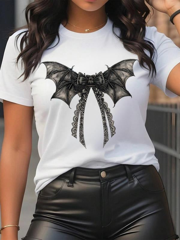 Women's Bow Print Round Neck Tee, Casual Crew Neck Short Sleeve T-Shirt for Daily Wear, Ladies Summer Clothes Hoodie,...