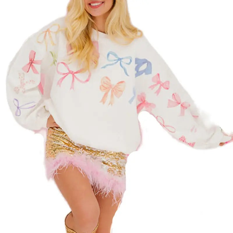 Women's Bow Print Sweatshirt Cute Long Sleeve Round Neck Oversized Casual Pullover Tops T-Shirts, Hoodie | HypeDripTees.com