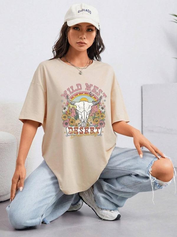 Women's Bull Head & Letter Print Round Neck Tee, Trendy Casual Drop Shoulder Half Sleeve T-shirt for Daily Wear, Ladies...