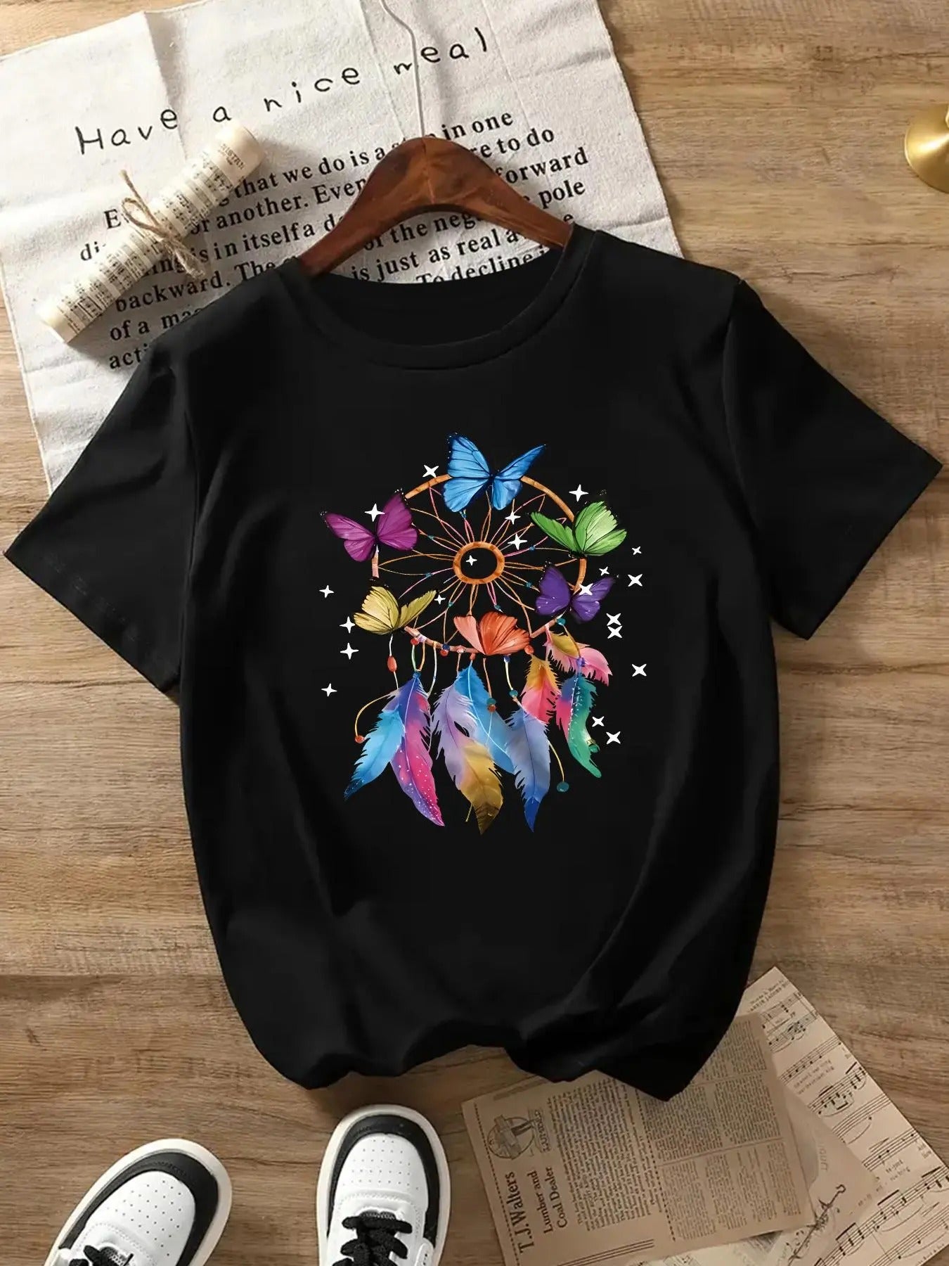 Women's Butterfly & Feather Print Round Neck Tee, Fashion Casual Crew Neck Short Sleeve T-Shirt for Daily Holiday...