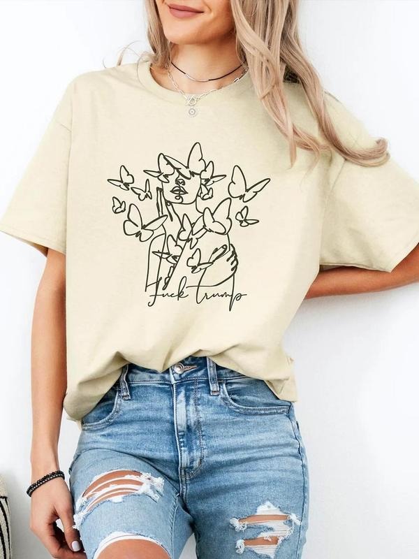 Women's Butterfly & Figure Print Round Neck Tee, Fashion Casual Drop Shoulder Short Sleeve T-shirt for Daily Wear, Ladies...