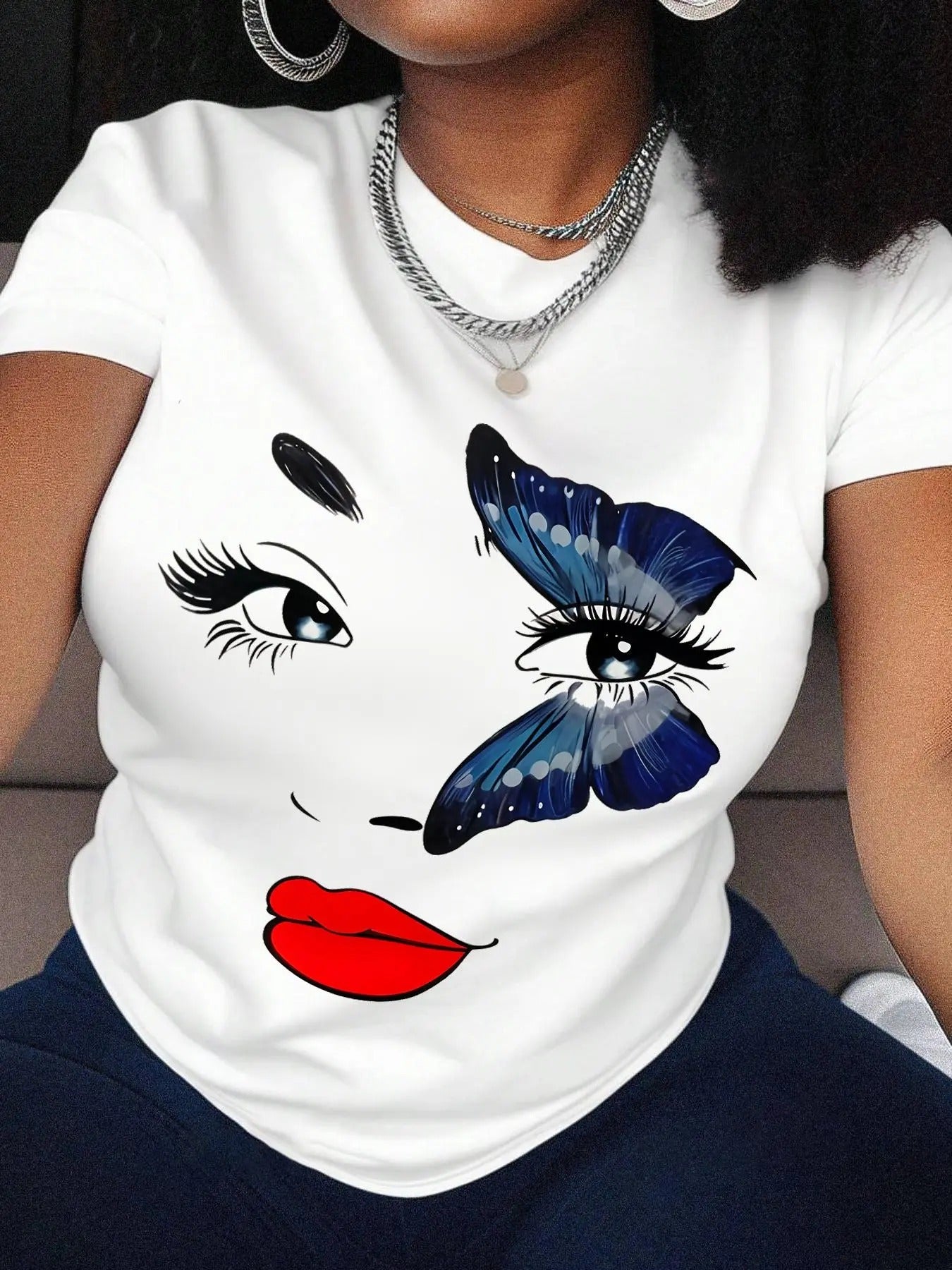 Women's Butterfly & Figure Print Round Neck Tee, Fashion Casual Short Sleeve T-Shirt for Daily Holiday Vacation Outdoor...