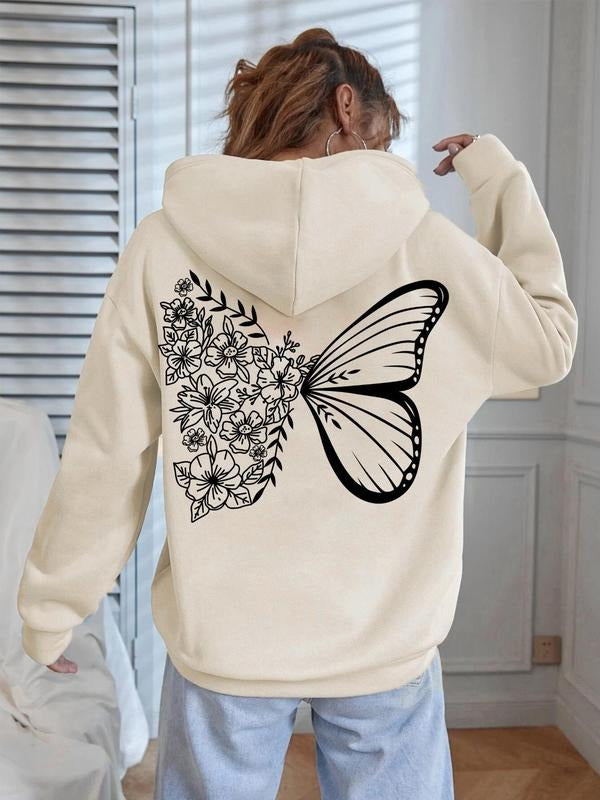 Women's Butterfly & Floral Print Drop Shoulder Hoodie, Casual Fashion Drawstring Pocket Hooded Sweatshirt for Daily...
