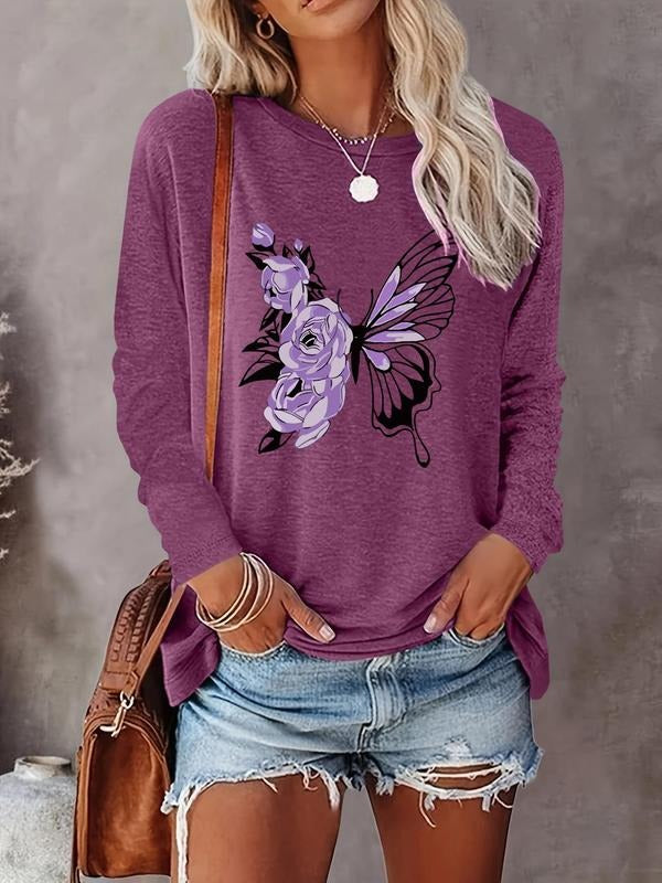 Women's Butterfly & Floral Print Round Neck Tee, Casual Long Sleeve Crew Neck T-shirt for Fall & Winter, Women's Top for...