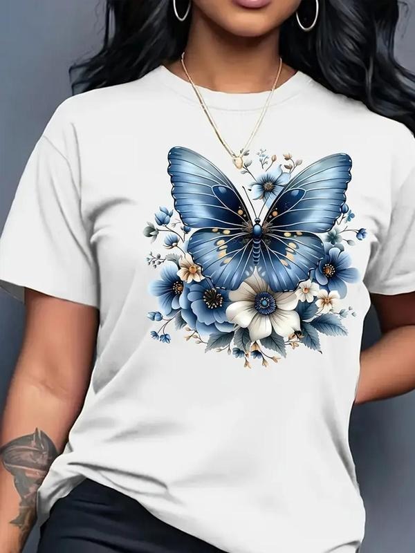 Women's Butterfly & Floral Print Round Neck Tee, Fashion Casual Crew Neck T-Shirt for Daily Holiday Vacation Outdoor...