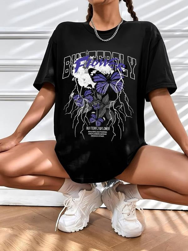 Women's Butterfly & Letter Graphic Print Round Neck Tee, Fashion Casual Short Sleeve T-Shirt for Summer, Women's Top for...