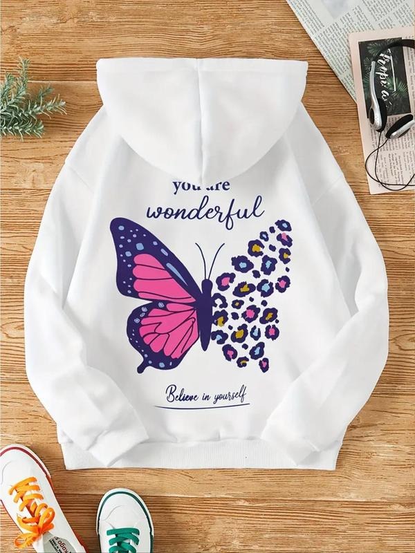 Women's Butterfly & Letter Print Drawstring Hoodie, Fashion Casual Hooded Sweatshirt For Daily Holiday Outdoor Wear,...