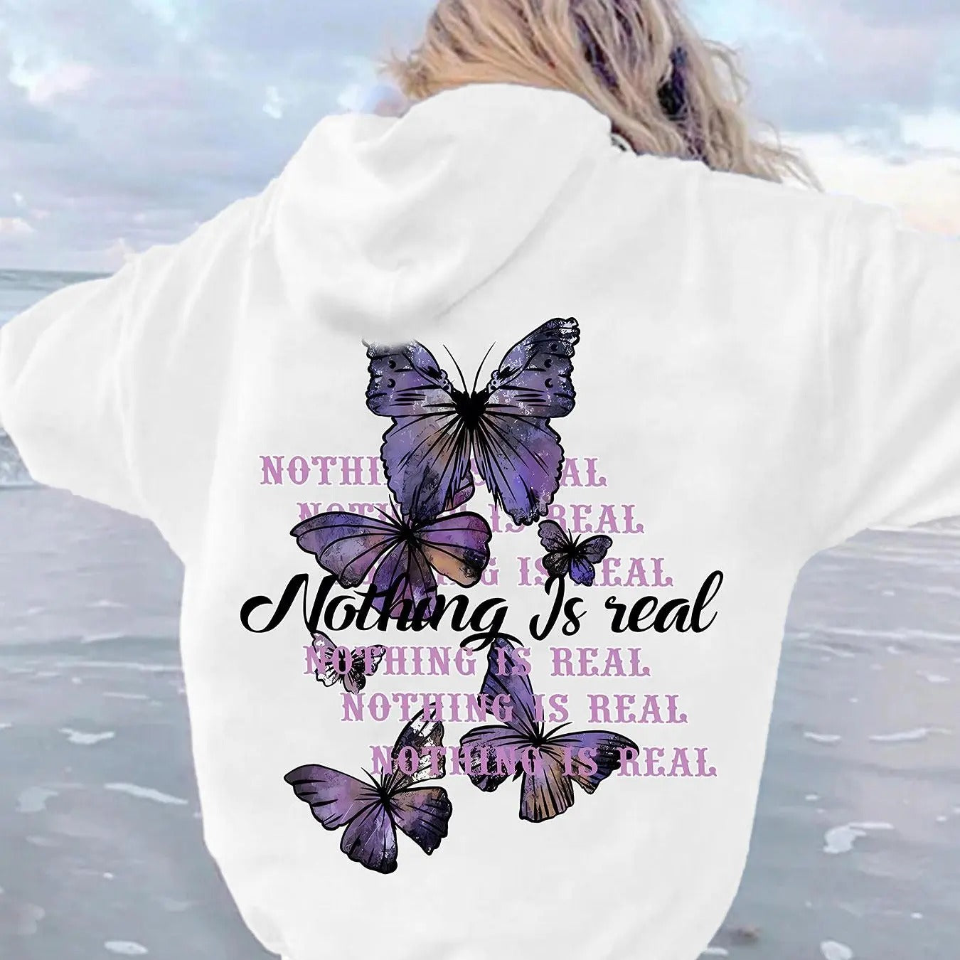 Women's Butterfly & Letter Print Drop Shoulder Hoodie, Fashion Casual Drawstring Pocket Hooded Sweatshirt for Daily...