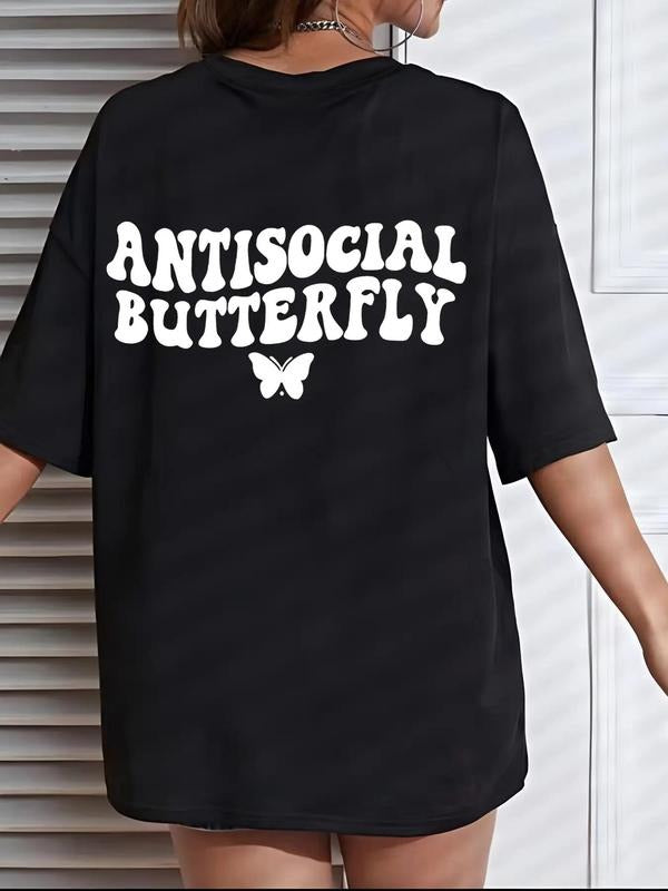 Women's Butterfly & Letter Print Drop Shoulder Tee, Casual Half Sleeve Round Neck T-Shirt for Summer, Women's Top for...