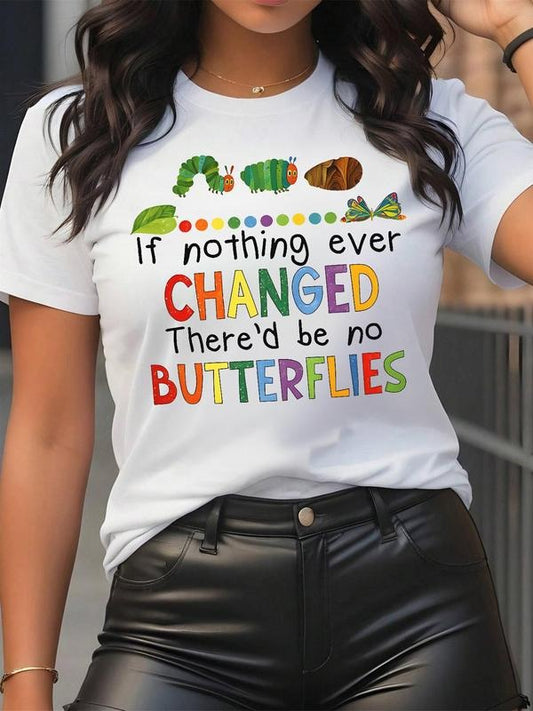 Women's Butterfly & Letter Print Round Neck Tee, Fashion Casual Short Sleeve T-shirt for Daily Holiday Vacation Outdoor Wear, Ladies Clothes for Summer