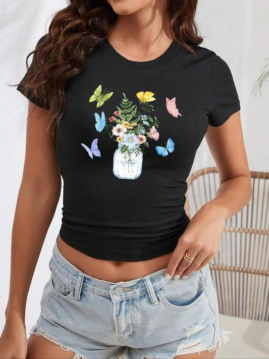 Women's Butterfly & Plants Print Round Neck Crop Tee, Fashion Casual Crew Neck Short Sleeve T-Shirt for Daily Holiday Vacation Outdoor Wear, Ladies Clothes for Summer