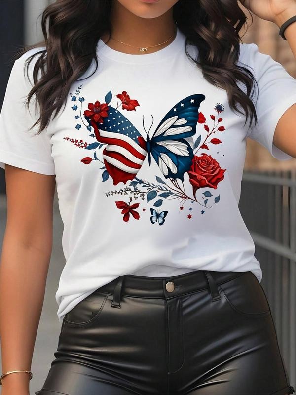 Women's Butterfly & Rose Print Round Neck Graphic Tee, Casual Short Sleeve T-shirt for Summer, Women's Top for Daily Wear...