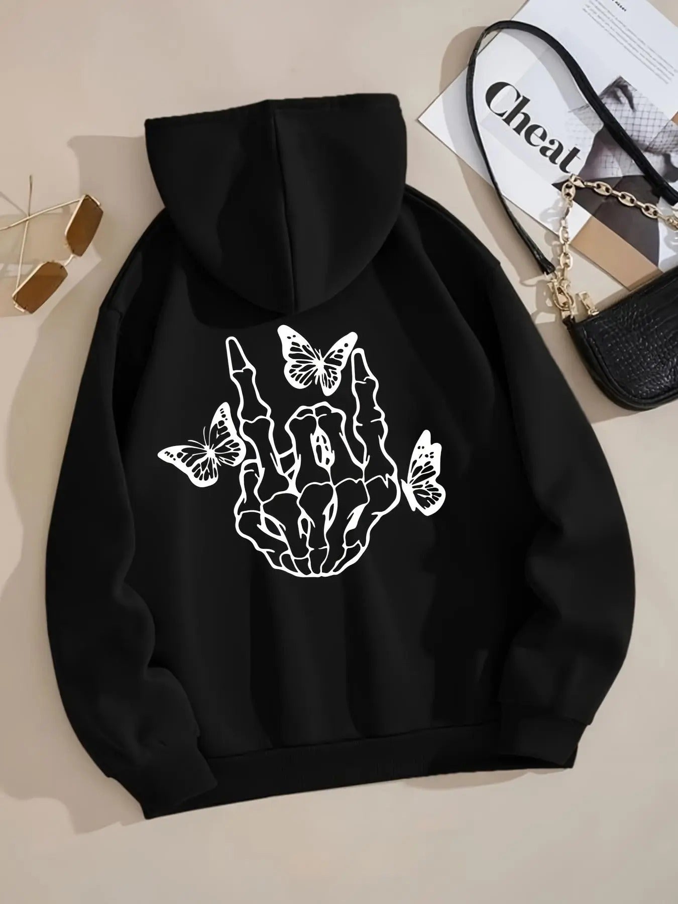 Women's Butterfly & Skeleton Hand Print Drop Shoulder Hoodie, Fashion Casual Drawstring Pocket Hooded Sweatshirt for...