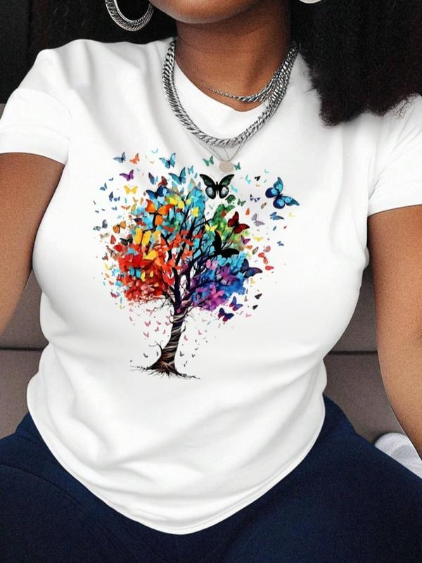 Women's Butterfly & Tree Print Round Neck Tee, Stylish Short Sleeve Crew Neck T-Shirt for Summer, Fashion Women's Top for...