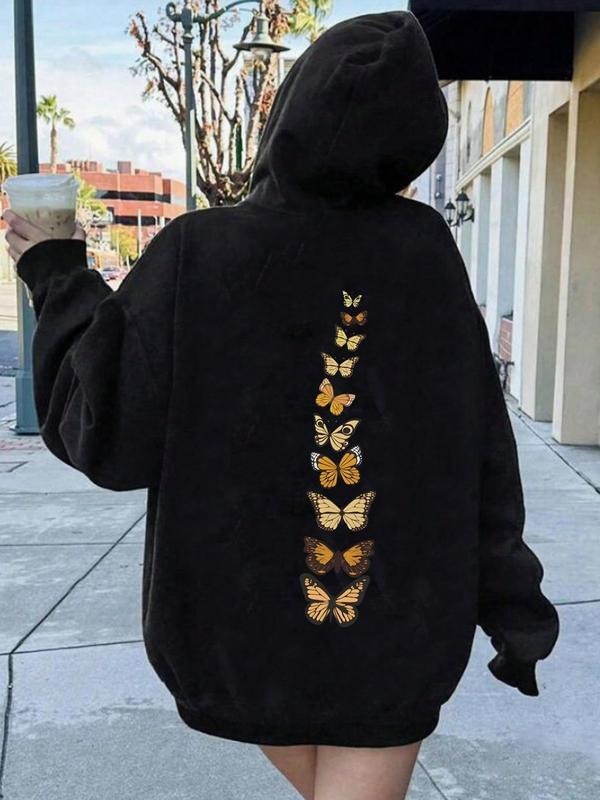 Women's Butterfly Print Drop Shoulder Hoodie, Fashion Casual Drawstring Pocket Hooded Sweatshirt for Daily Holiday...