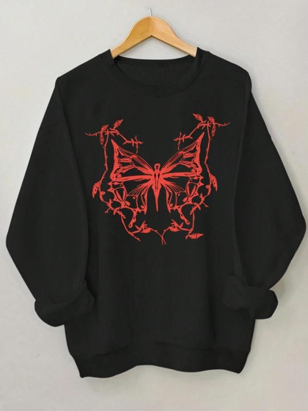 Women's Butterfly Print Drop Shoulder Sweatshirt, Casual Long Sleeve Round Neck Pullover for Fall & Winter, Ladies...