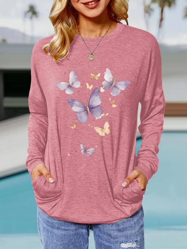 Women's Butterfly Print Round Neck Long Sleeve Pullover, Casual Loose Fit T-Shirt for Spring & Fall, Comfortable Daily...