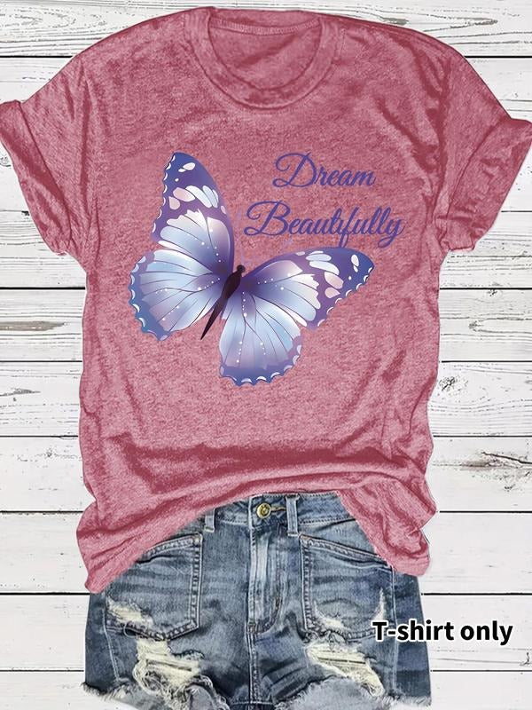 Women's Butterfly Print Round Neck Tee, Fashion Casual Crew Neck T-shirt for Daily Holiday Vacation Outdoor Wear, Ladies...