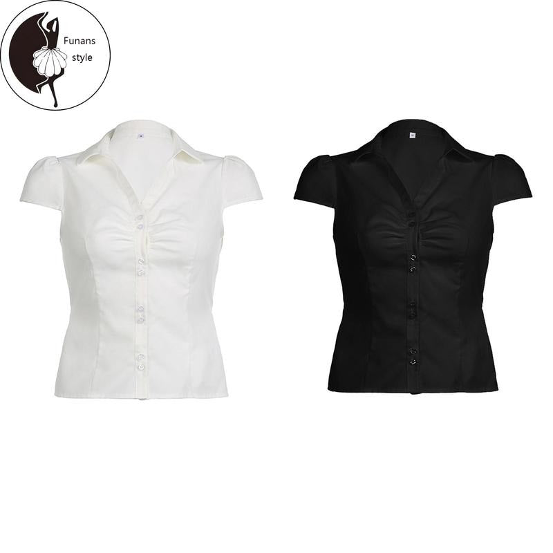 Women's Button Down Shirts Cap Sleeve Lapel Collar Tie BackFit Tops Summer Shirts Hoodie, Sweatshirt | HypeDripTees.com