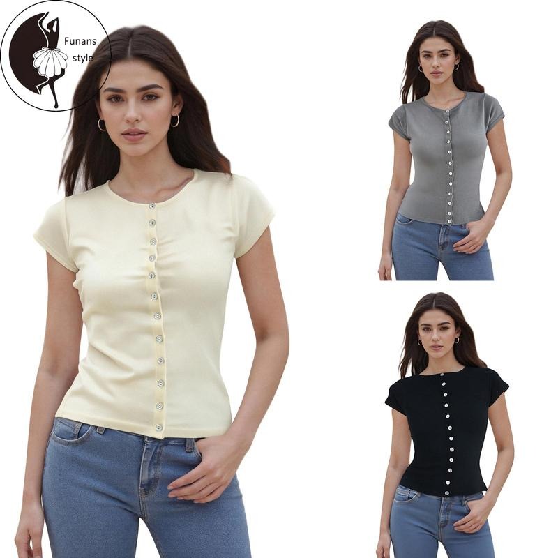 Women's Button Down TopsFit Stylish Solid Crew Neck Short Sleeve T-Shirt for Summer Hoodie, Sweatshirt | HypeDripTees.com
