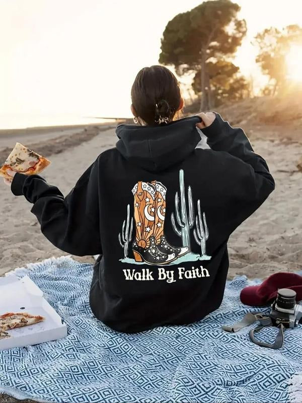 Women's Cactus & Letter Print Hoodie, Casual Comfy Pullover Hooded Sweatshirt for Daily Wear, Women's Clothes for Spring...