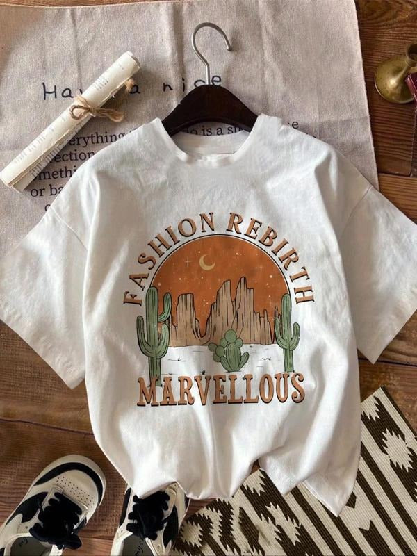 Women's Cactus & Letter Print Round Neck Tee, Casual Short Sleeve Crew Neck T-Shirt for Summer, Fashion Women's Top for...