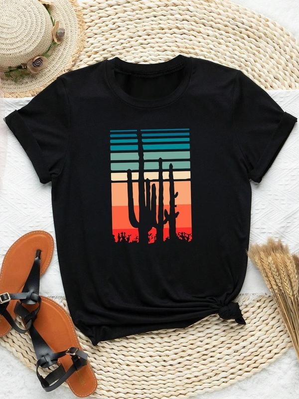 Women's Cactus Print Round Neck Tee, Casual Short Sleeve Crew Neck T-shirt for Daily Wear, Ladies Clothes for All...