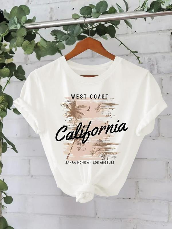 Women's California Print Round Neck Tee, Casual Short Sleeve Crew Neck T-Shirt for Summer, Fashion Women's Top for Daily...