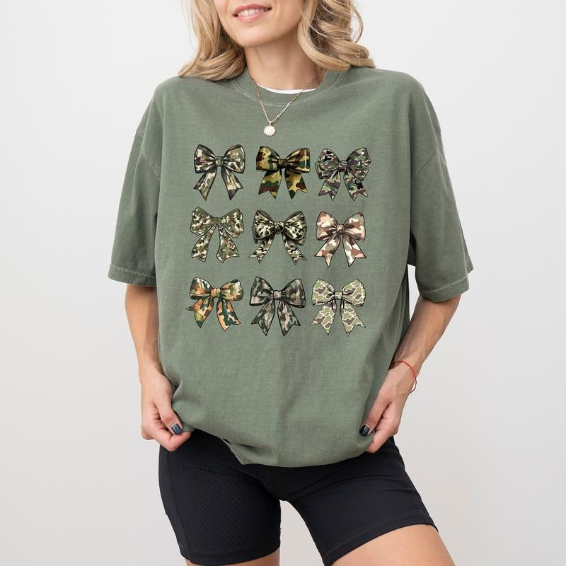 Women's Camo Coquette Bows Hunting Shirt Comfort Colors, Camouflage Bows Tees, Hunter's Wife T-shirt, Duck Hunt Tops,...