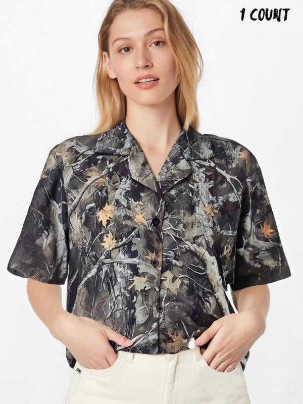 Women's Camo Print Rolled Short Sleeve Shirt, Casual Open Front Top for Summer, Women's Clothing for Daily Wear Hoodie,...