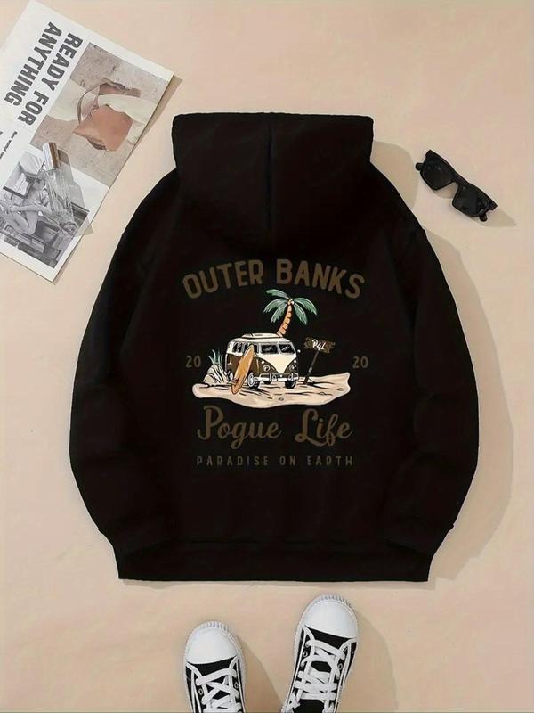 Women's Car & Letter & Coconut Tree Print Drop Shoulder Hoodie, Fashion Casual Drawstring Pocket Hooded Sweatshirt for...