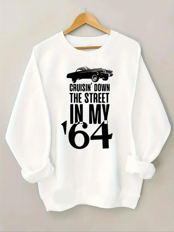 Women's Car & Letter Print Crew Neck Sweatshirt, Casual Long Sleeve Pullover for Fall & Winter, Women's Clothes for Daily...