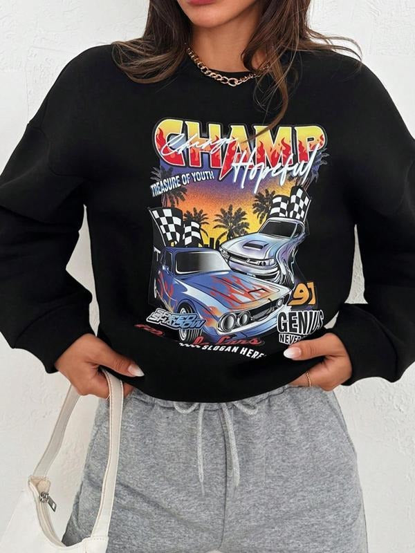 Women's Car & Letter Print Drop Shoulder Sweatshirt Without Necklace, Casual Street Long-Sleeve Round Neck Pullover For...
