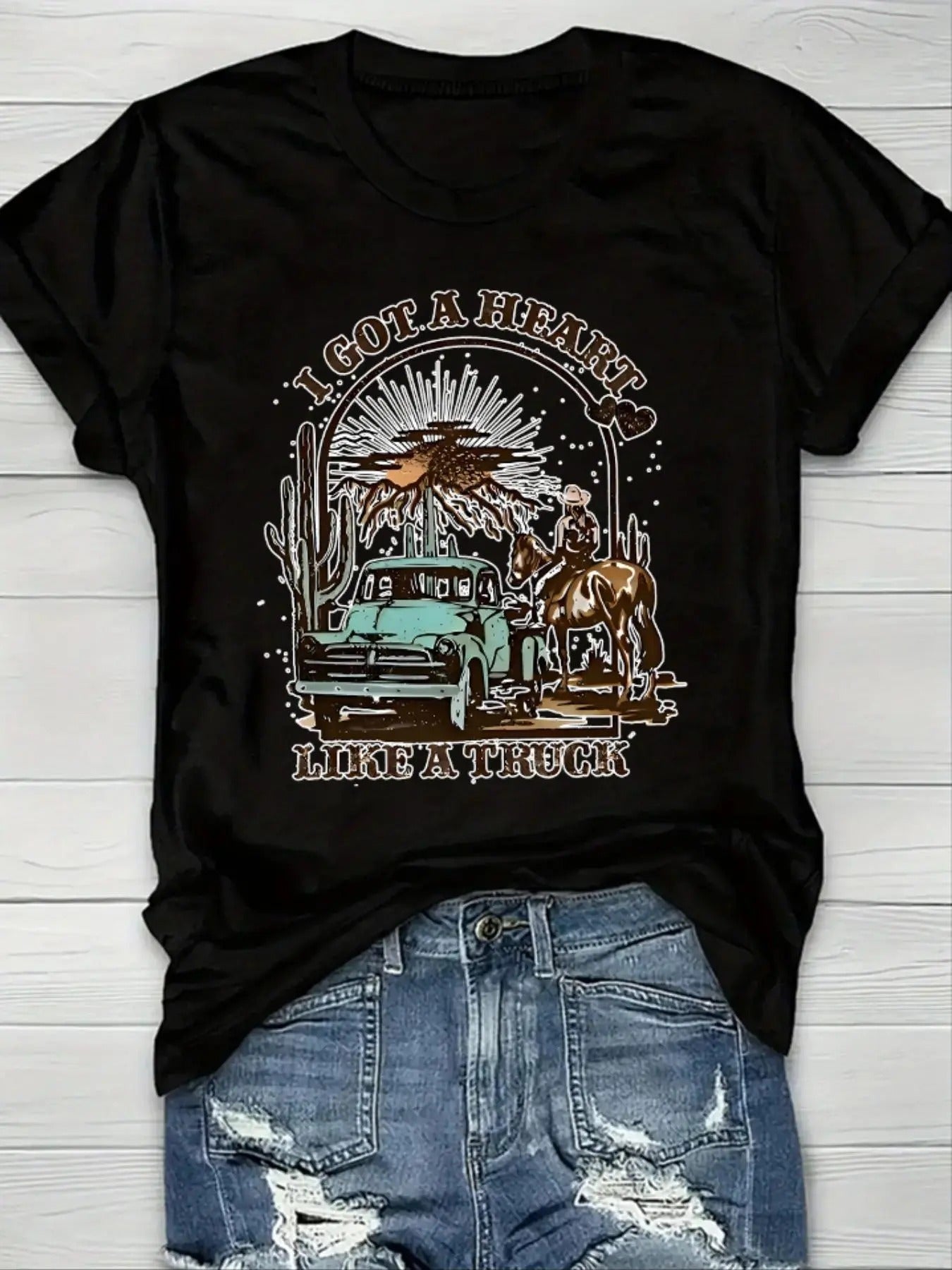 Women's Car & Letter Print Round Neck Graphic Tee, Vintage Trendy Casual Short Sleeve T-shirt for Daily Wear, Ladies All...