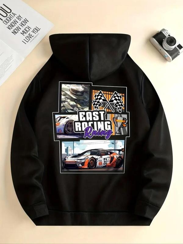 Women's Car Print Drawstring Pocket Hoodie, Casual Long Sleeve Hooded Sweatshirt for Fall & Winter, Fashion Ladies'...