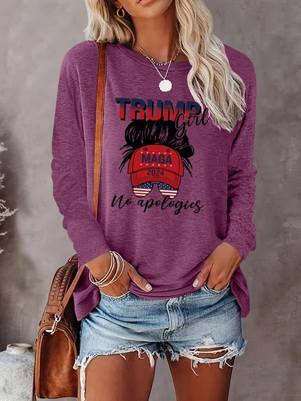 Women's Cartoon & Letter Long Sleeve  Round Neck Tee, Fashion Casual Crew Neck T-shirt for Daily Holiday Vacation Outdoor...