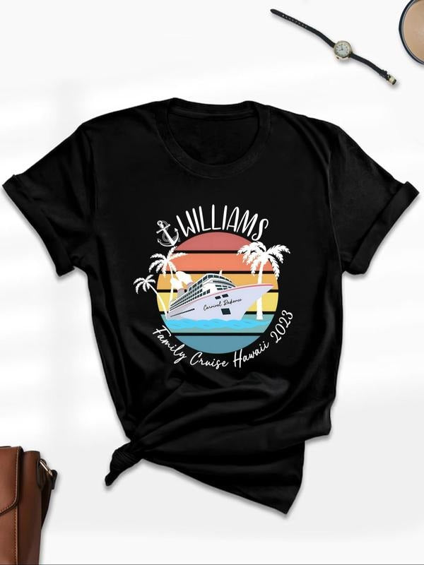Women's Cartoon & Letter Print Round Neck Graphic Tee, Casual Crew Neck T-shirt, Casual Short Sleeve Graphic Tee for...