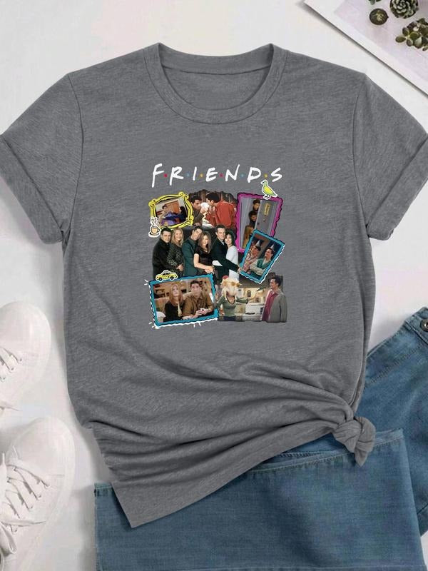Women's Cartoon & Letter Print Round Neck Graphic Tee, Vintage Trendy Casual Short Sleeve T-shirt for Daily Wear, Ladies...