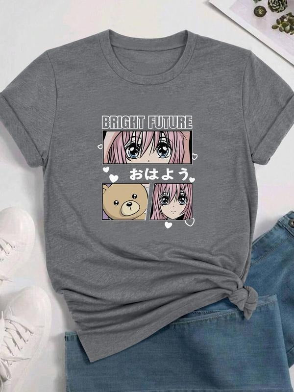 Women's Cartoon & Letter Print Round Neck Graphic Tee, Vintage Trendy Casual Short Sleeve T-shirt for Daily Wear, Ladies...