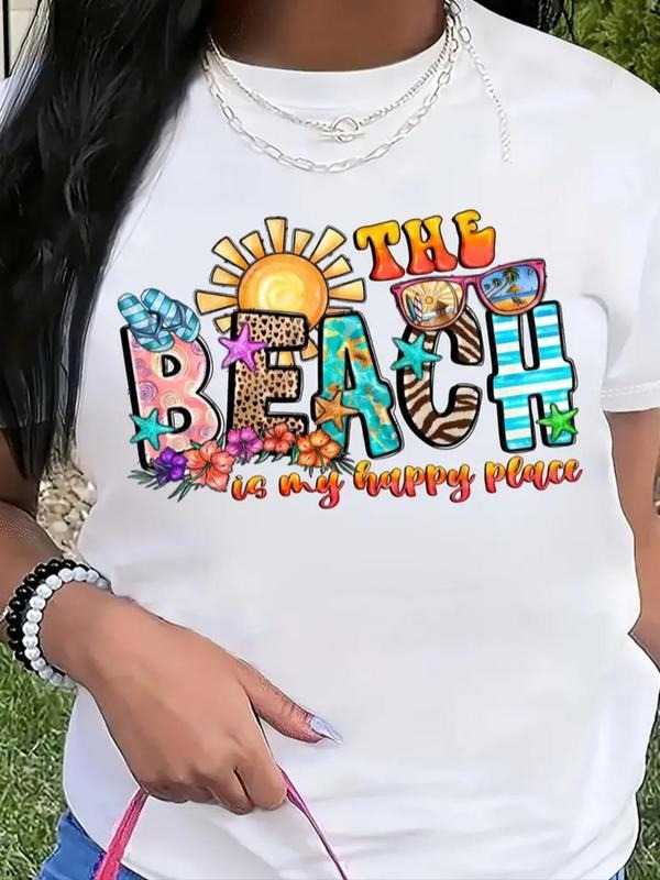 Women's Cartoon & Letter Print Round Neck Tee, Trendy Casual Short Sleeve T-Shirt for Daily Wear, Ladies Summer Outfit...