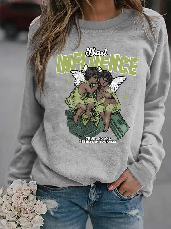 Women's Cartoon Angel & Letter Print Crew Neck Sweatshirt, Casual Thermal Lined Long Sleeve Pullover, Women's Fall &...