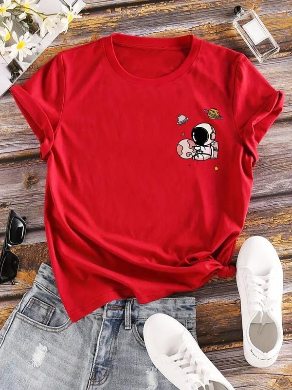 Women's Cartoon Astronaut Print Round Neck Tee, Casual Short Sleeve Crew Neck T-shirt for Summer, Fashion Women's Top for...