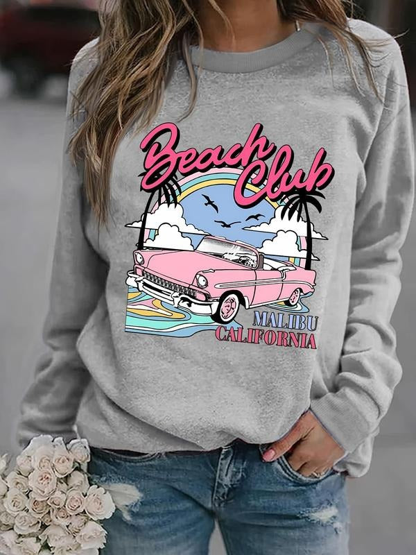 Women's Cartoon Beach & Letter Print Thermal Lined Sweatshirt, Casual Drop Shoulder Round Neck Pullover for Fall &...