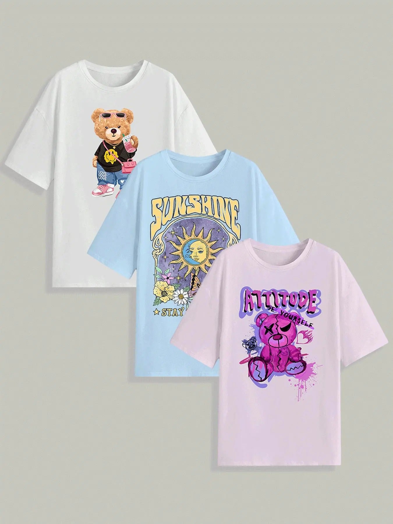 Women's Cartoon Bear & Floral & Letter Print Round Neck Tee, Casual Short Sleeve Crew Neck T-shirt for Summer, Ladies...