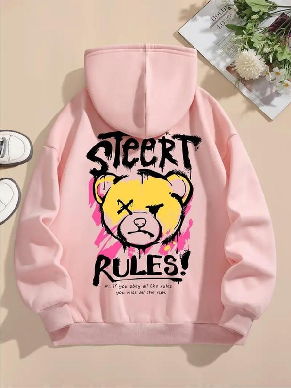 Women's Cartoon Bear & Letter Print Drop Shoulder Hoodie, Fashion Casual Drawstring Pocket Hooded Sweatshirt for Daily...
