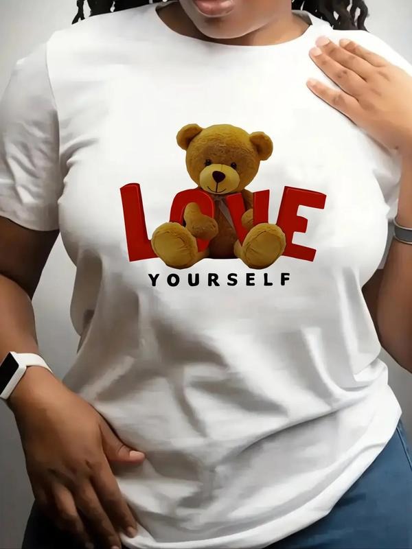 Women's Cartoon Bear & Letter Print Round Neck Tee, Fashion Casual Crew Neck Short Sleeve T-Shirt for Daily Outdoor Wear,...
