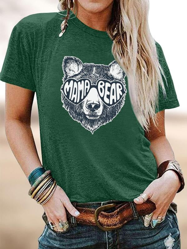 Women's Cartoon Bear & Letter Print Round Neck Tee, Fashion Casual Crew Neck T-Shirt for Daily Holiday Vacation Outdoor...