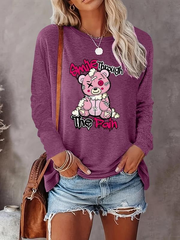Women's Cartoon Bear & Letter Print Round Neck Tee, Fashion Casual Crew Neck T-shirt for Daily Holiday Vacation Outdoor...