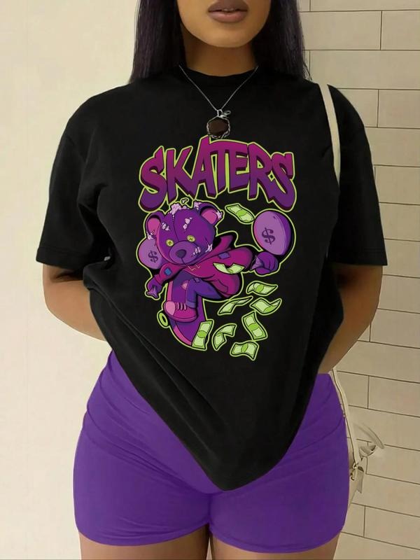 Women's Cartoon Bear Graphic Print Round Neck Tee, Fashion Casual Drop Shoulder Short Sleeve T-shirt for Daily Wear,...