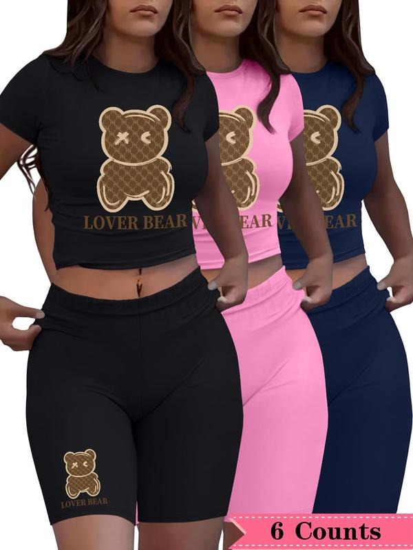 Women's Cartoon Bear Print Crop Tee & Shorts Set, Casual Round Neck Short Sleeve T-Shirt & Skinny Shorts, Ladies...